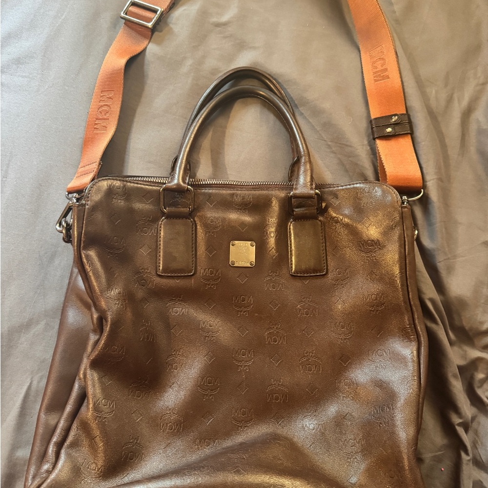 MCM Brown Monogram Leather Satchel Crossbody Bag Adjustable Strap
